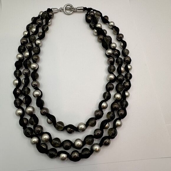 Multi Strand Statement Ribbon Necklace with Silver Black Clear Glass Beads 22" - Picture 14 of 14